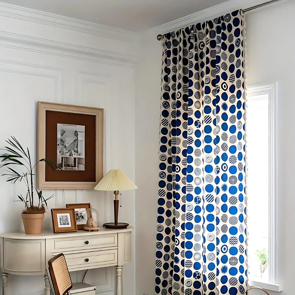 Retro Blue Polka Dots Patterned Window Curtain